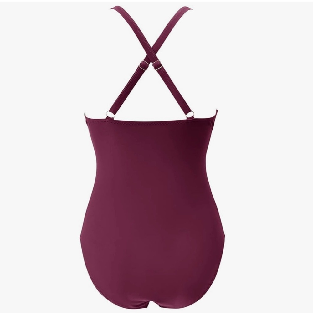 Suuksess Slimming Retro Cut out One Piece Swimsuit in Wine - Picture 3 of 13
